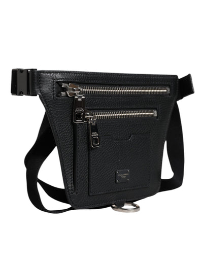 Dolce &amp; Gabbana Zwarte Kalfsleren Logo Plaque Riem Taille Heren Heuptas