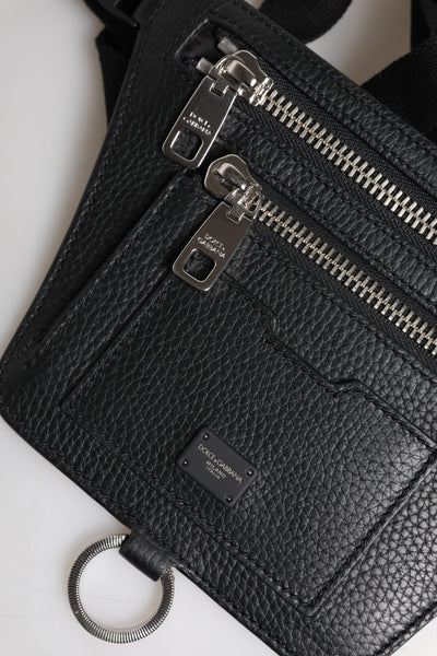 Dolce &amp; Gabbana Zwarte Kalfsleren Logo Plaque Riem Taille Heren Heuptas