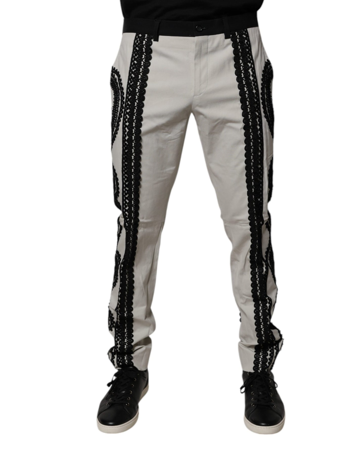 Pantalon habillé taille moyenne Dolce &amp; Gabbana avec bordure en dentelle blanche