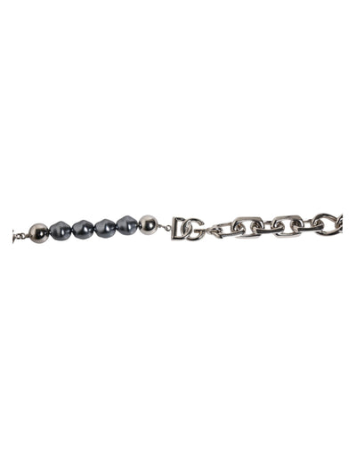 Dolce &amp; Gabbana Zilveren Ketting Karabijnsluiting Logo Grijze Parels Armband