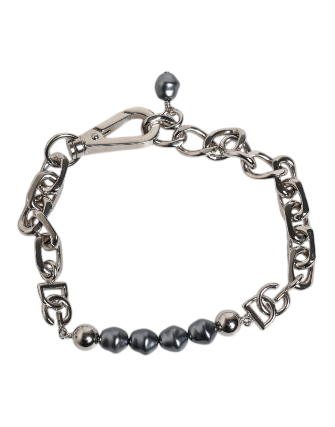 Dolce &amp; Gabbana Zilveren Ketting Karabijnsluiting Logo Grijze Parels Armband