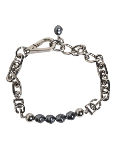 Dolce &amp; Gabbana Zilveren Ketting Karabijnsluiting Logo Grijze Parels Armband