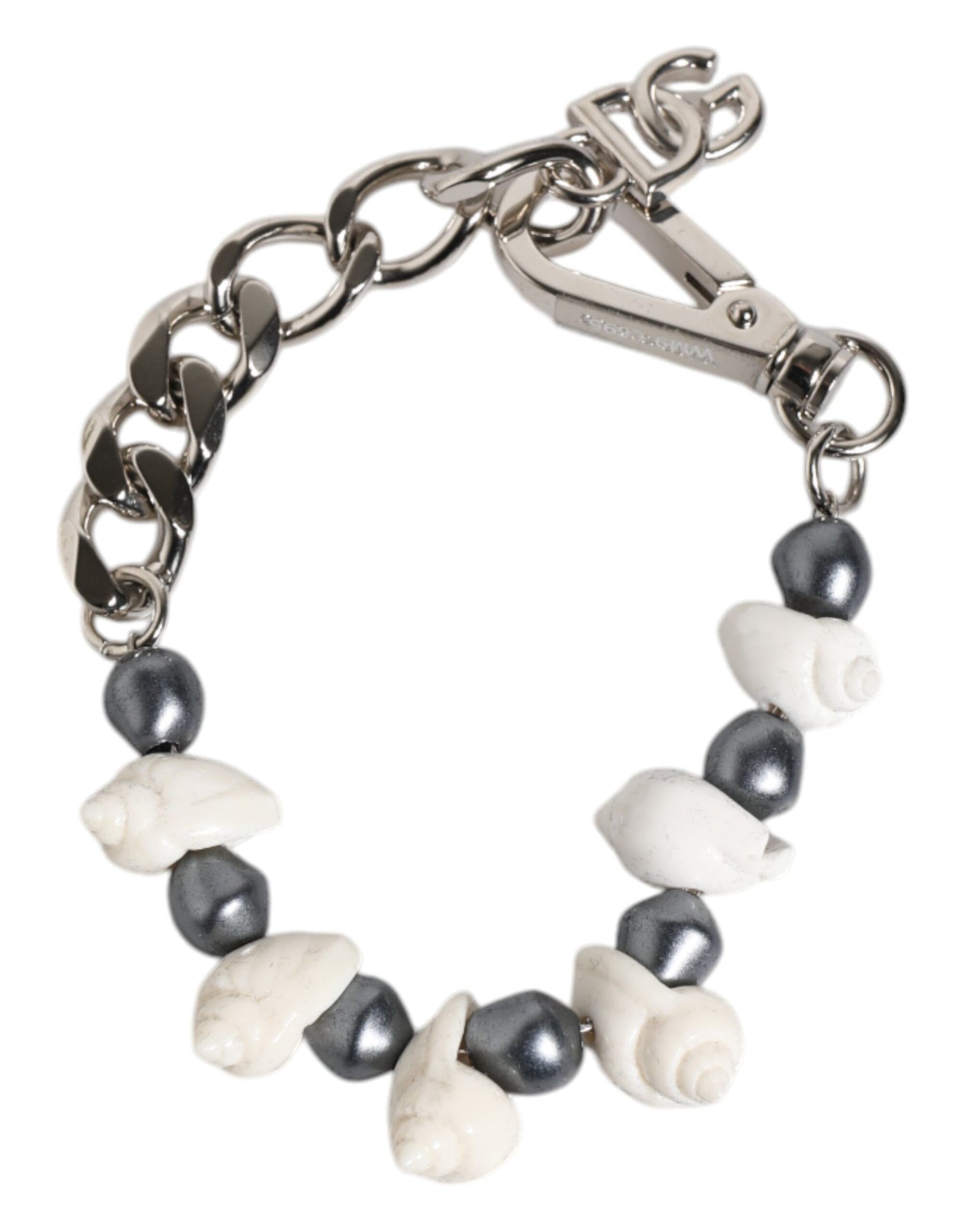 Bracelet Dolce &amp; Gabbana avec pendentif en laiton argenté et perles coquillage et logo DG