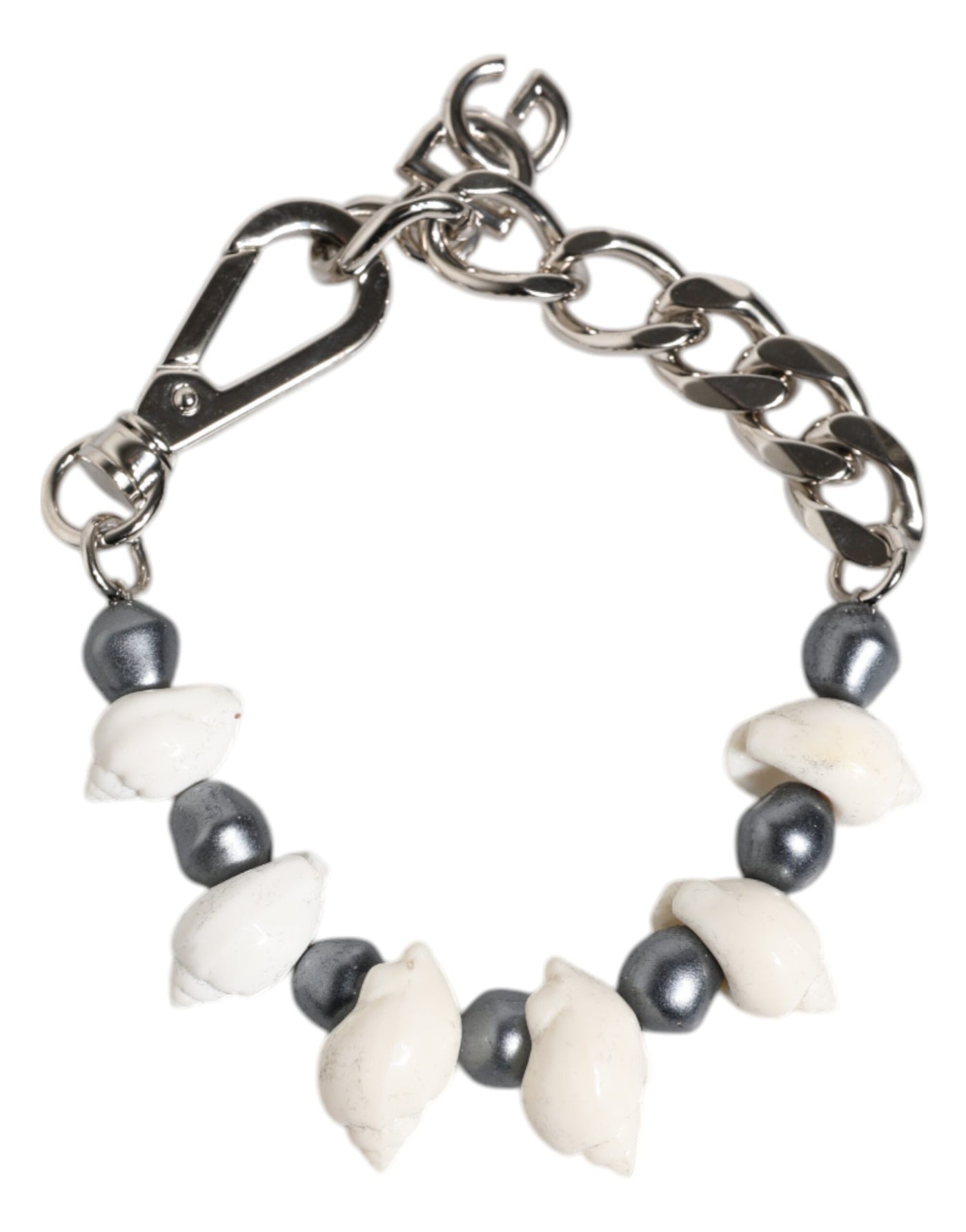 Bracelet Dolce &amp; Gabbana avec pendentif en laiton argenté et perles coquillage et logo DG