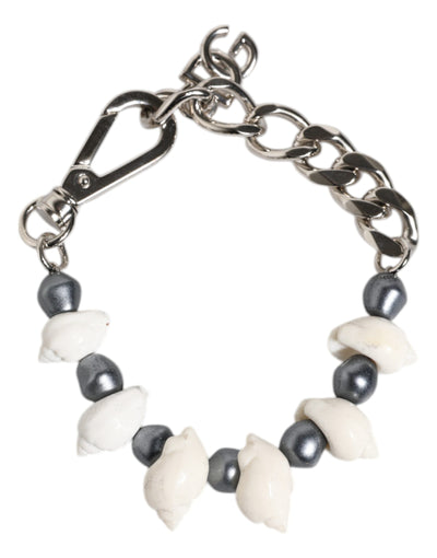 Bracelet Dolce &amp; Gabbana avec pendentif en laiton argenté et perles coquillage et logo DG