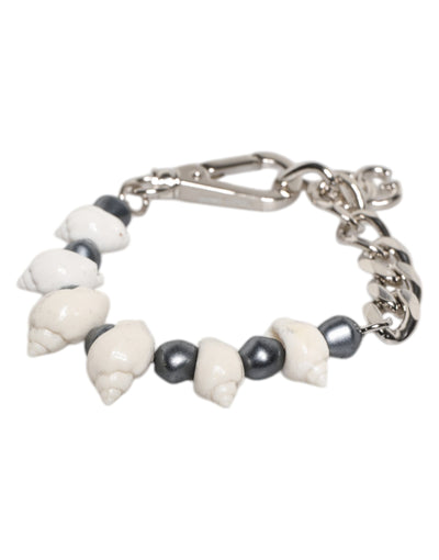 Bracelet Dolce &amp; Gabbana avec pendentif en laiton argenté et perles coquillage et logo DG