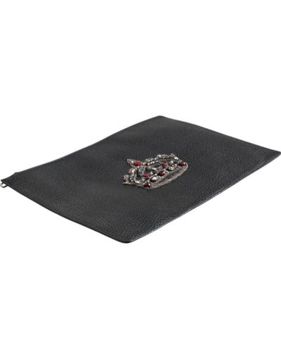 Pochette Dolce &amp; Gabbana en cuir de veau noir ornée d'une couronne