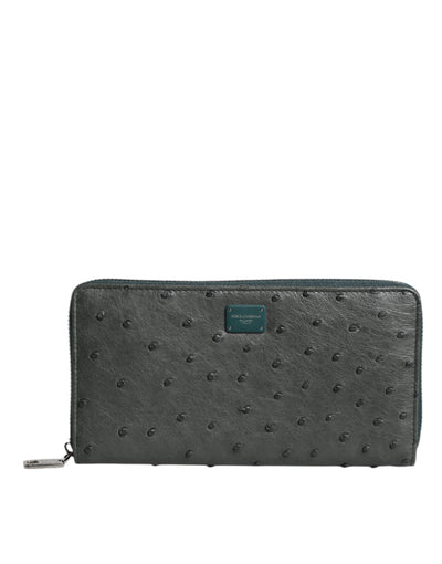 Dolce &amp; Gabbana Groene Ostrich Logo Plaque Ritssluiting Continentale Portemonnee