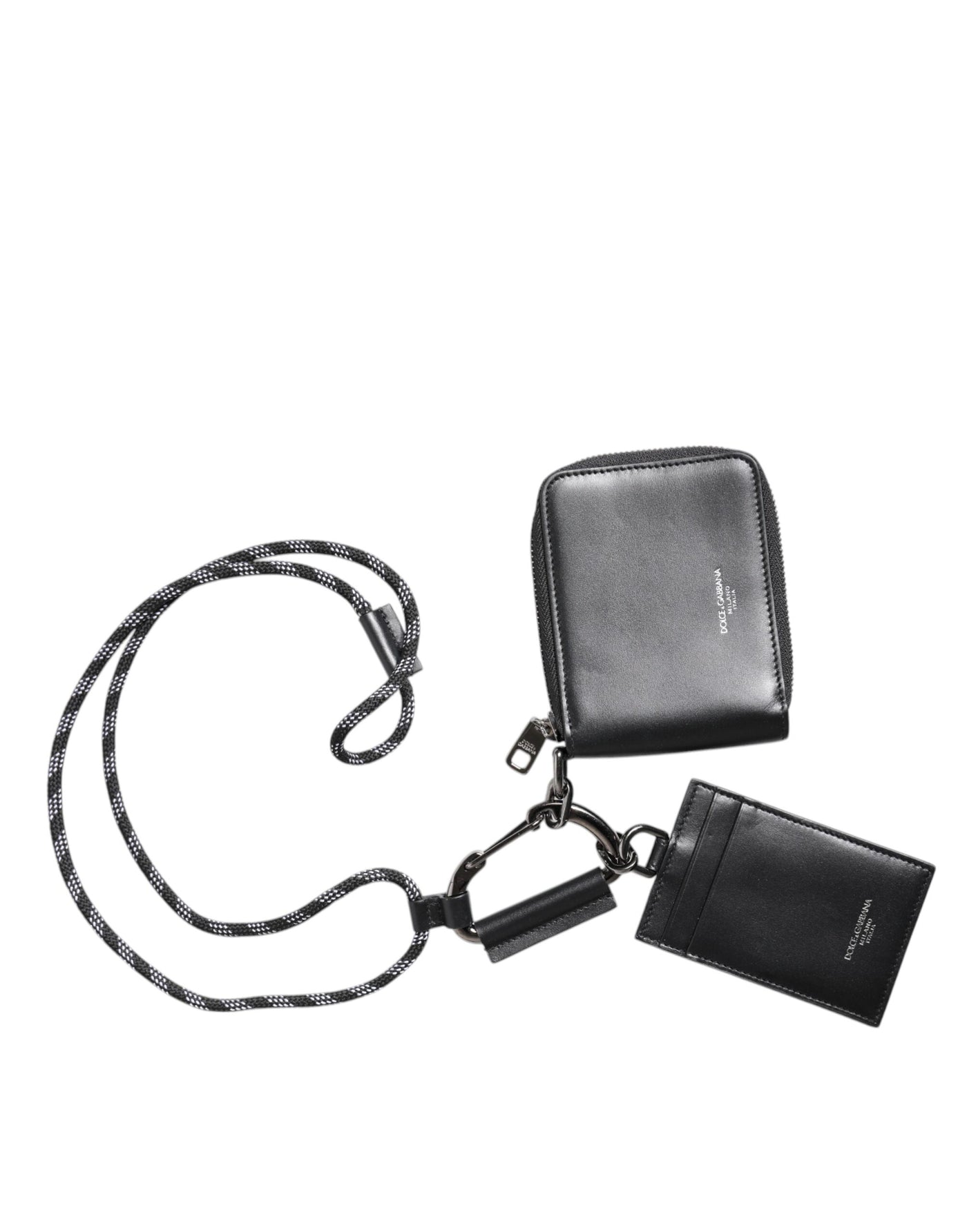 Dolce &amp; Gabbana Zwarte Leren Lanyard Ritssluiting Kaarthouder Portemonnee