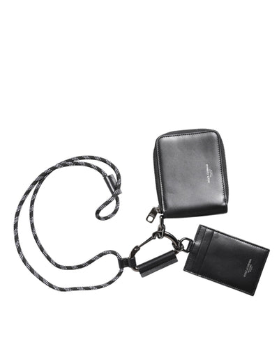Dolce &amp; Gabbana Zwarte Leren Lanyard Ritssluiting Kaarthouder Portemonnee