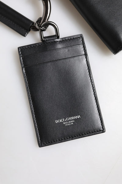 Dolce &amp; Gabbana Zwarte Leren Lanyard Ritssluiting Kaarthouder Portemonnee
