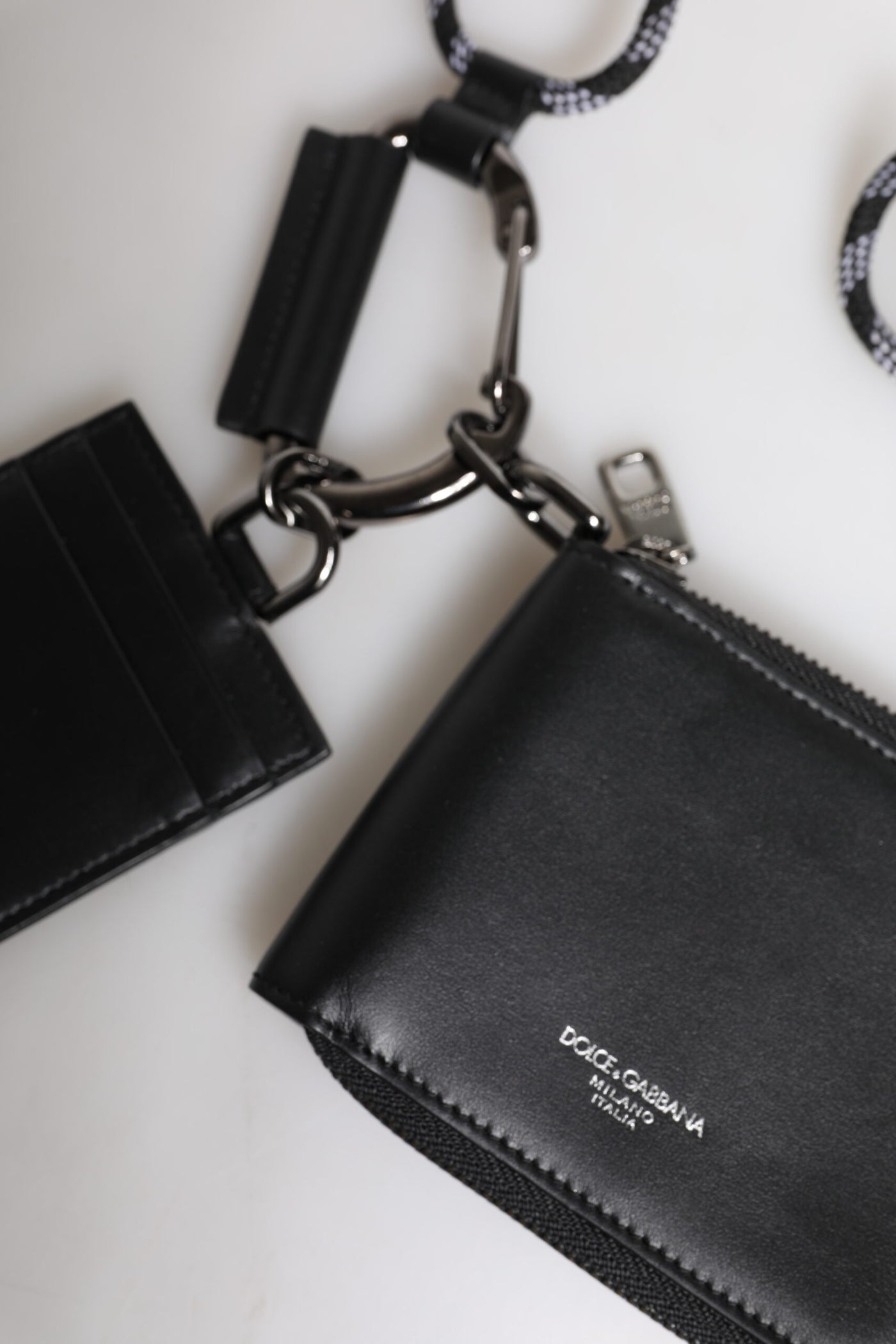 Dolce &amp; Gabbana Zwarte Leren Lanyard Ritssluiting Kaarthouder Portemonnee