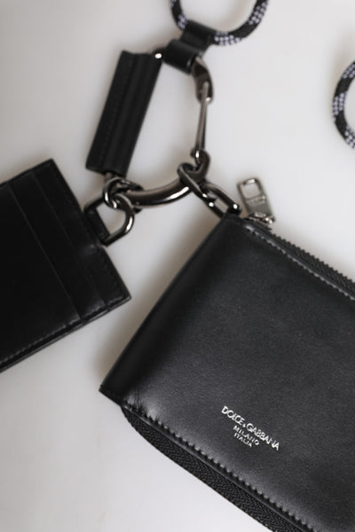 Dolce &amp; Gabbana Zwarte Leren Lanyard Ritssluiting Kaarthouder Portemonnee