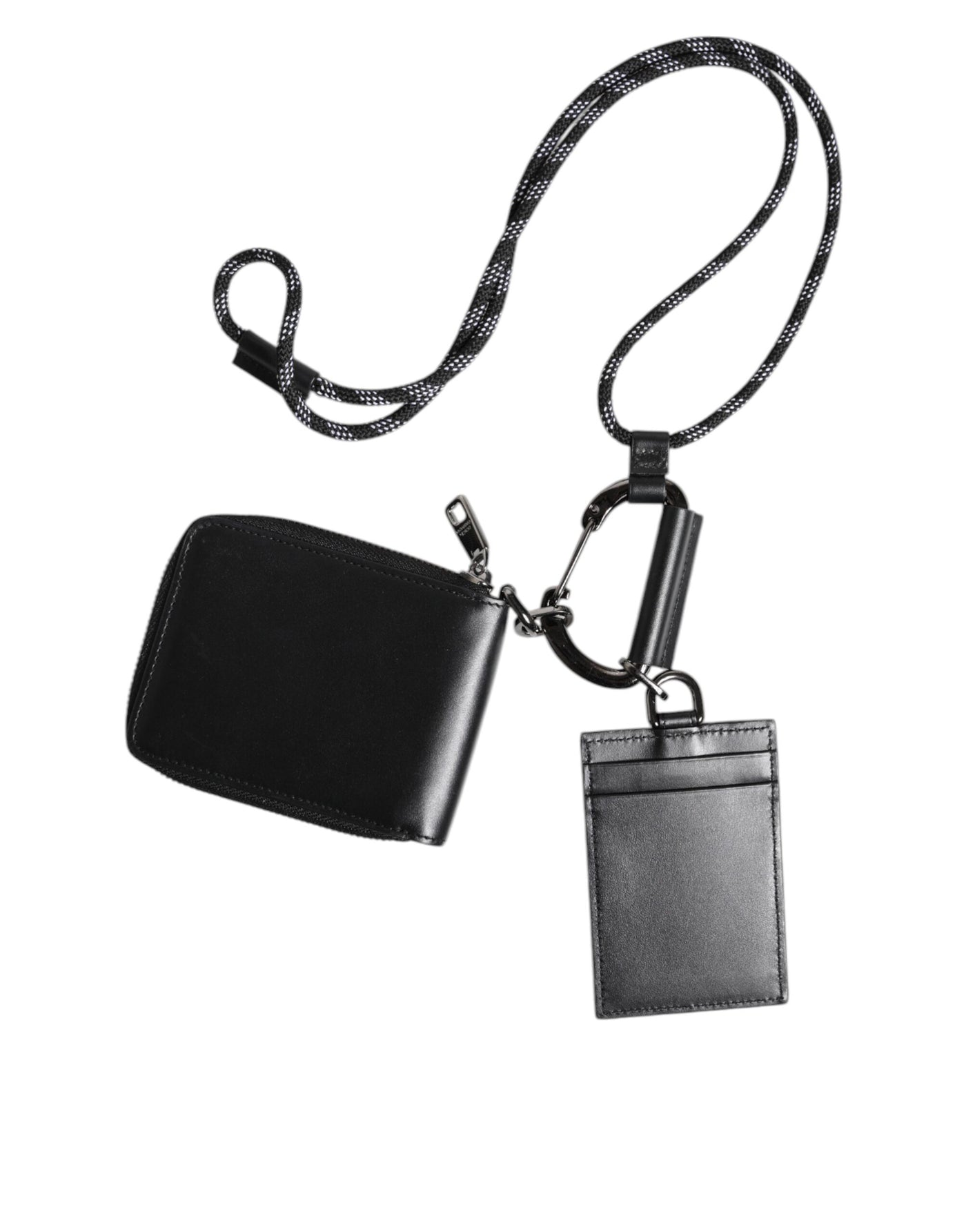 Dolce &amp; Gabbana Zwarte Leren Lanyard Ritssluiting Kaarthouder Portemonnee