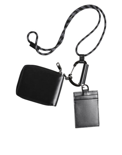 Dolce &amp; Gabbana Zwarte Leren Lanyard Ritssluiting Kaarthouder Portemonnee
