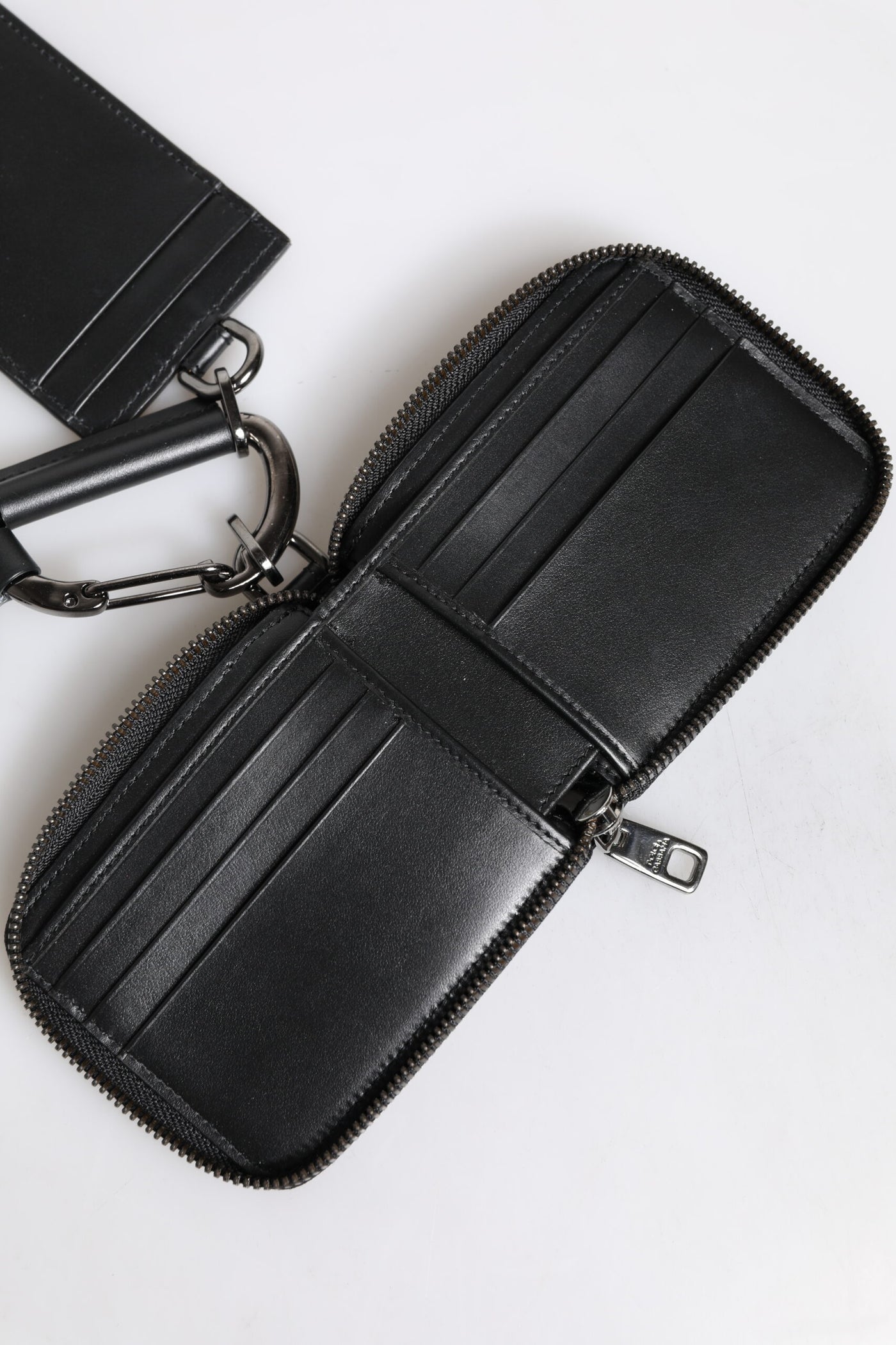 Dolce &amp; Gabbana Zwarte Leren Lanyard Ritssluiting Kaarthouder Portemonnee