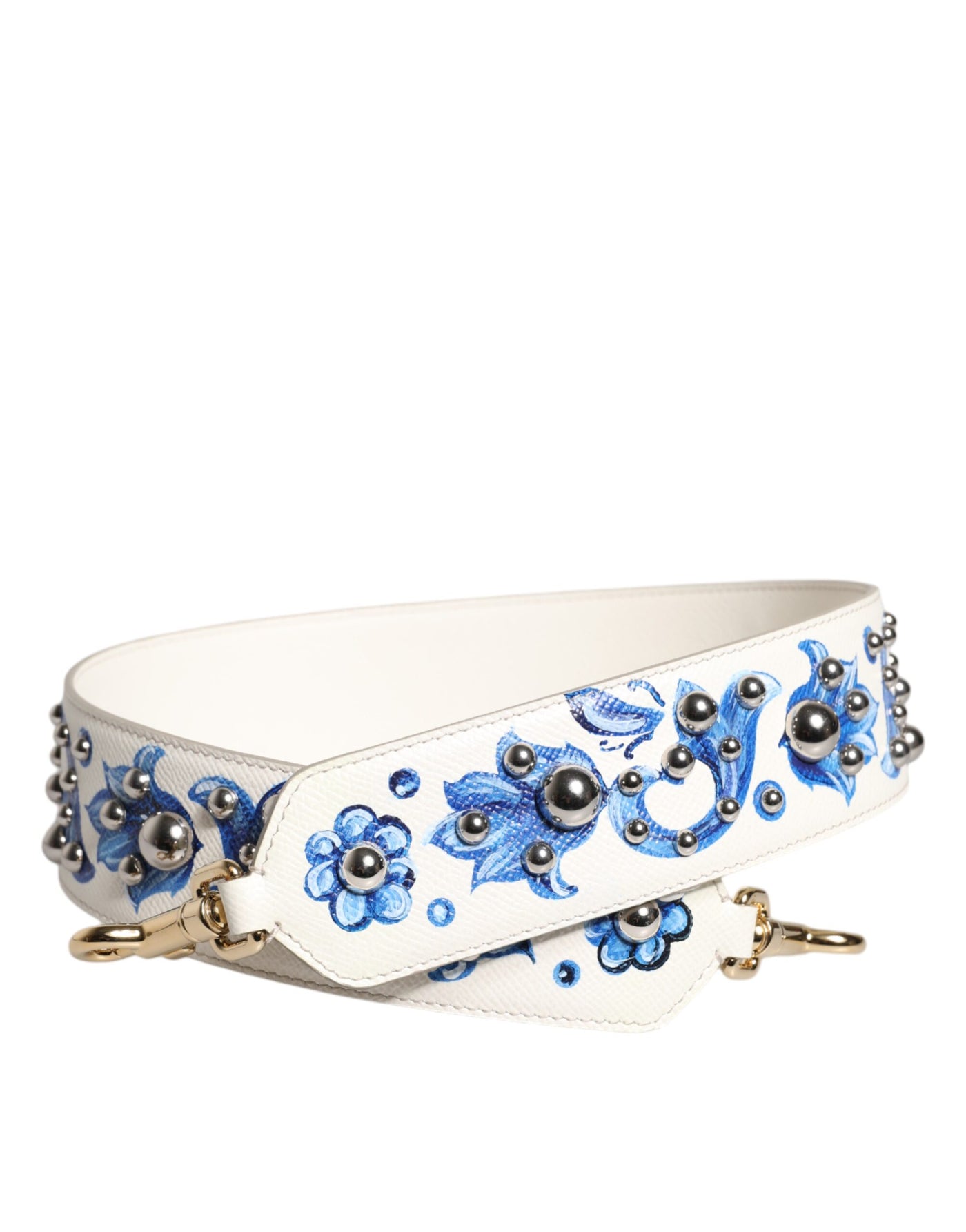 Dolce &amp; Gabbana schouderband met witte en blauwe bloemenprint van leer met studs