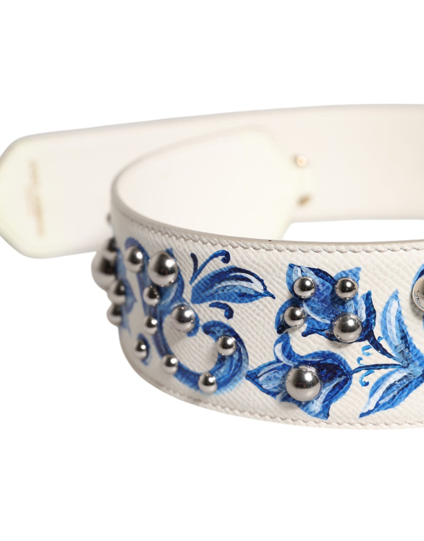 Dolce &amp; Gabbana schouderband met witte en blauwe bloemenprint van leer met studs