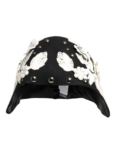 Chapeau cloche Dolce &amp; Gabbana en laine noire à fleurs blanches et feuilles d'or
