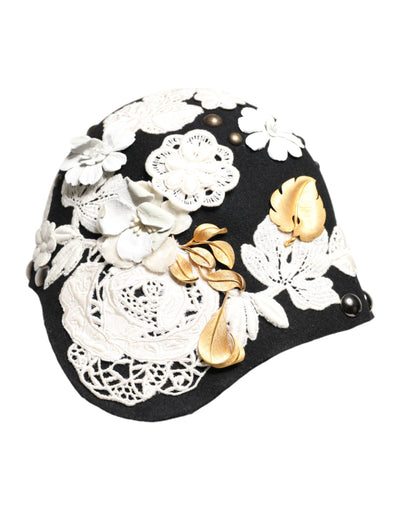 Chapeau cloche Dolce &amp; Gabbana en laine noire à fleurs blanches et feuilles d'or