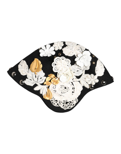 Chapeau cloche Dolce &amp; Gabbana en laine noire à fleurs blanches et feuilles d'or