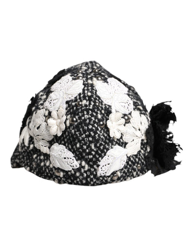 Chapeau cloche Dolce &amp; Gabbana en laine noire à fleurs blanches