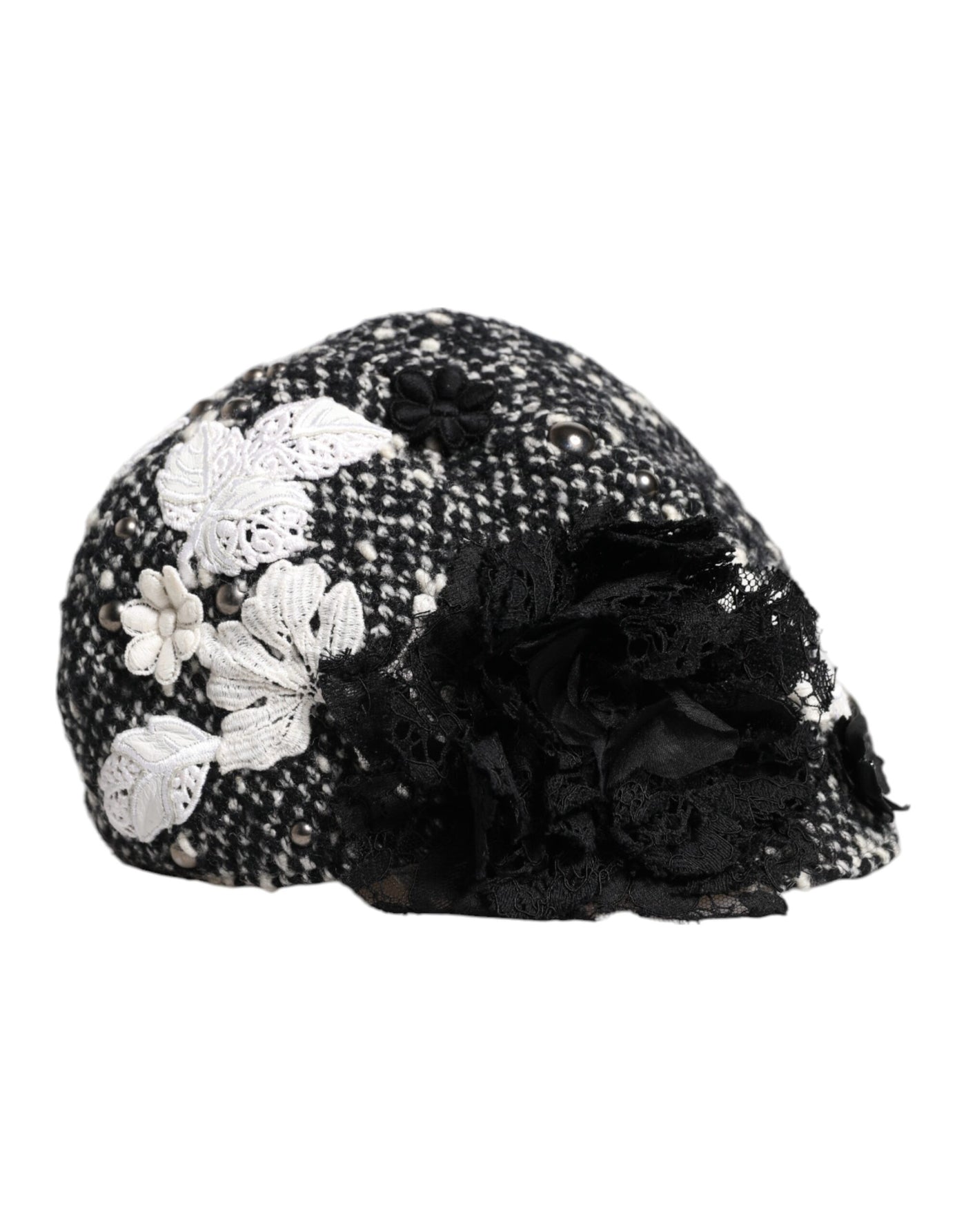 Chapeau cloche Dolce &amp; Gabbana en laine noire à fleurs blanches
