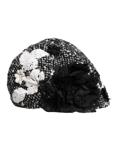 Chapeau cloche Dolce &amp; Gabbana en laine noire à fleurs blanches
