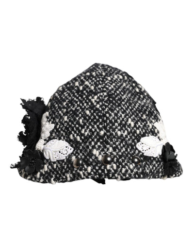 Chapeau cloche Dolce &amp; Gabbana en laine noire à fleurs blanches