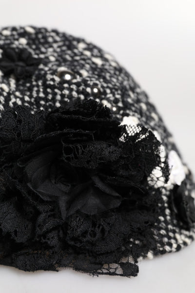 Chapeau cloche Dolce &amp; Gabbana en laine noire à fleurs blanches