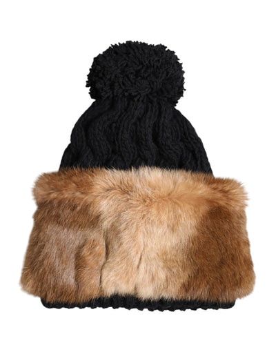 Bonnet d'hiver en fourrure de lapin véritable teintée noir et marron Dolce &amp; Gabbana
