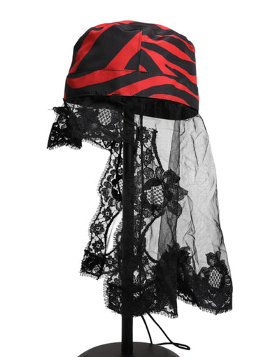 Chapeau bob en tulle et dentelle à rayures noires et rouges Dolce &amp; Gabbana