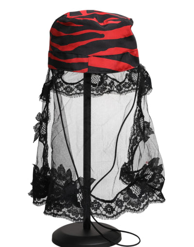 Chapeau bob en tulle et dentelle à rayures noires et rouges Dolce &amp; Gabbana