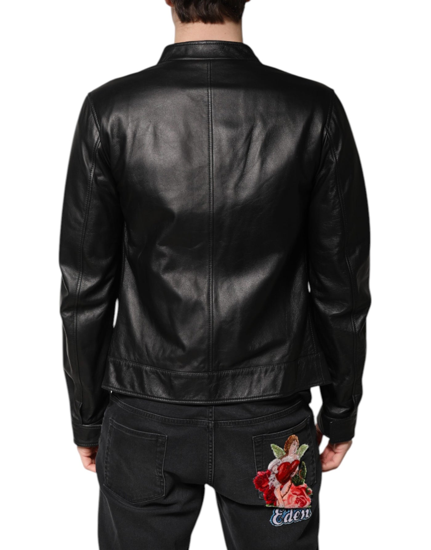 Veste motard entièrement zippée en cuir de mouton noir Dolce &amp; Gabbana