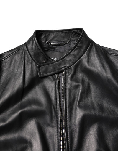 Veste motard entièrement zippée en cuir de mouton noir Dolce &amp; Gabbana