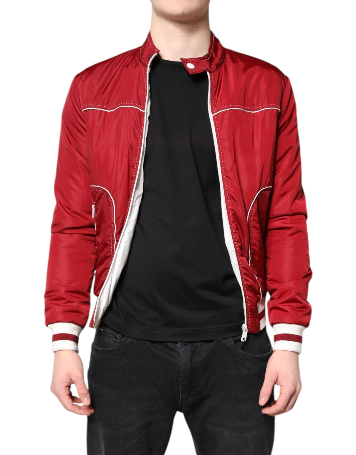 Dolce &amp; Gabbana Blouson aviateur zippé en nylon rouge et blanc pour homme