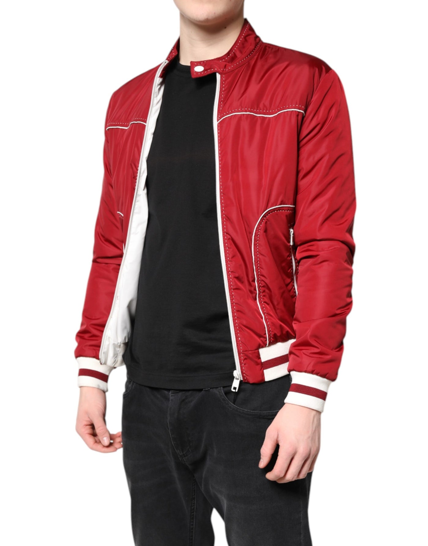 Dolce &amp; Gabbana Blouson aviateur zippé en nylon rouge et blanc pour homme