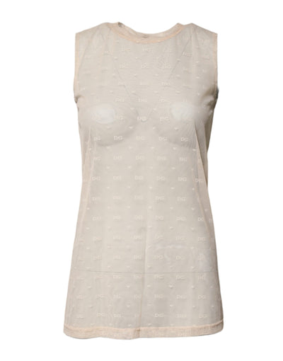 Dolce &amp; Gabbana Ivoor Nylon Logo Doorschijnende Mouwloze Tanktop