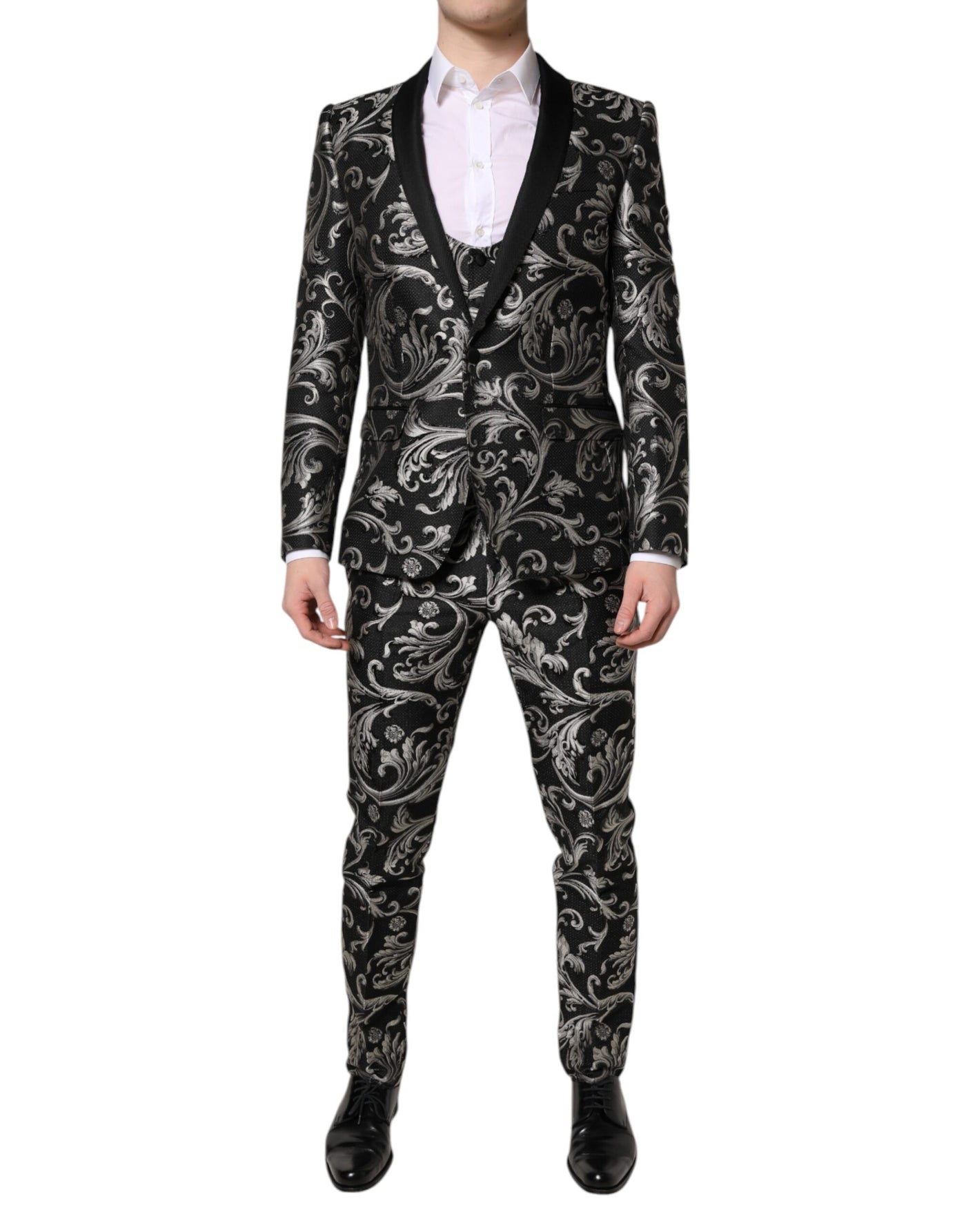 Dolce &amp; Gabbana Zwart Grijs MARTINI Jacquard Heren 3-delig Pak