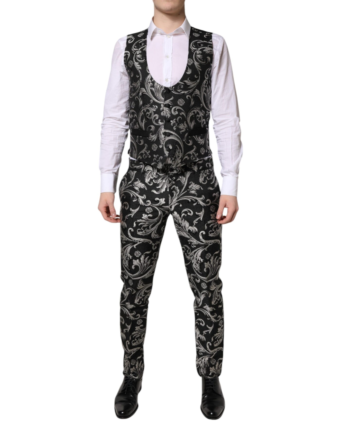 Dolce &amp; Gabbana Zwart Grijs MARTINI Jacquard Heren 3-delig Pak