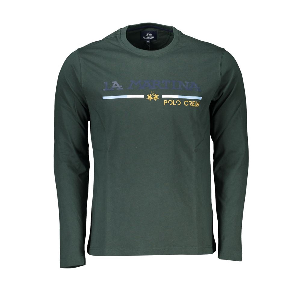 La Martina Elegante groene geborduurde katoenen T-shirt met ronde hals