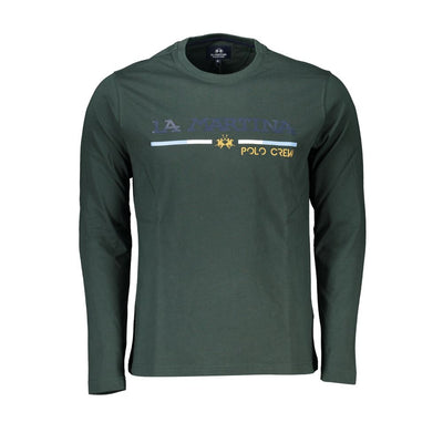 La Martina Elegante groene geborduurde katoenen T-shirt met ronde hals