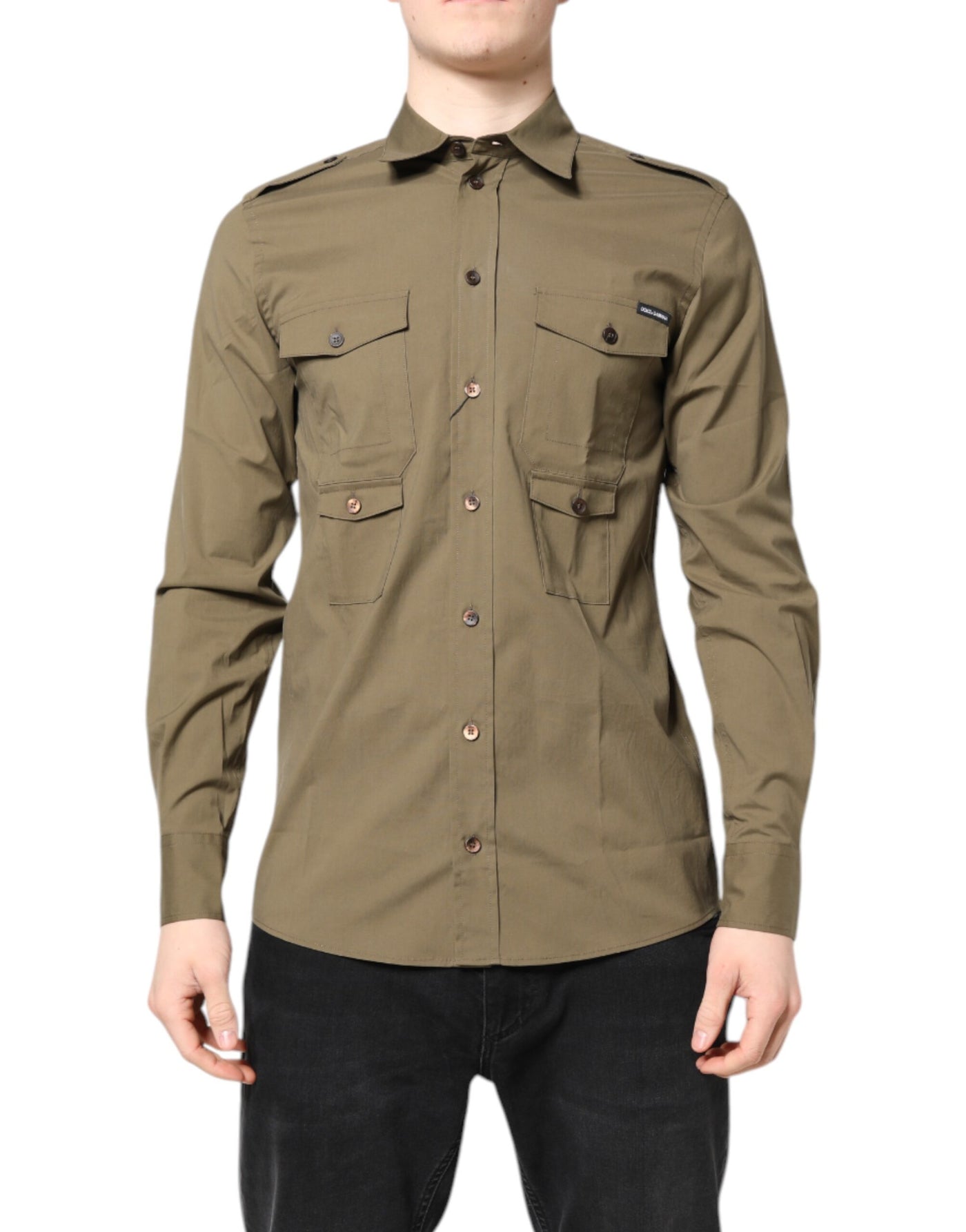 Chemise décontractée à manches longues en coton stretch marron Dolce &amp; Gabbana