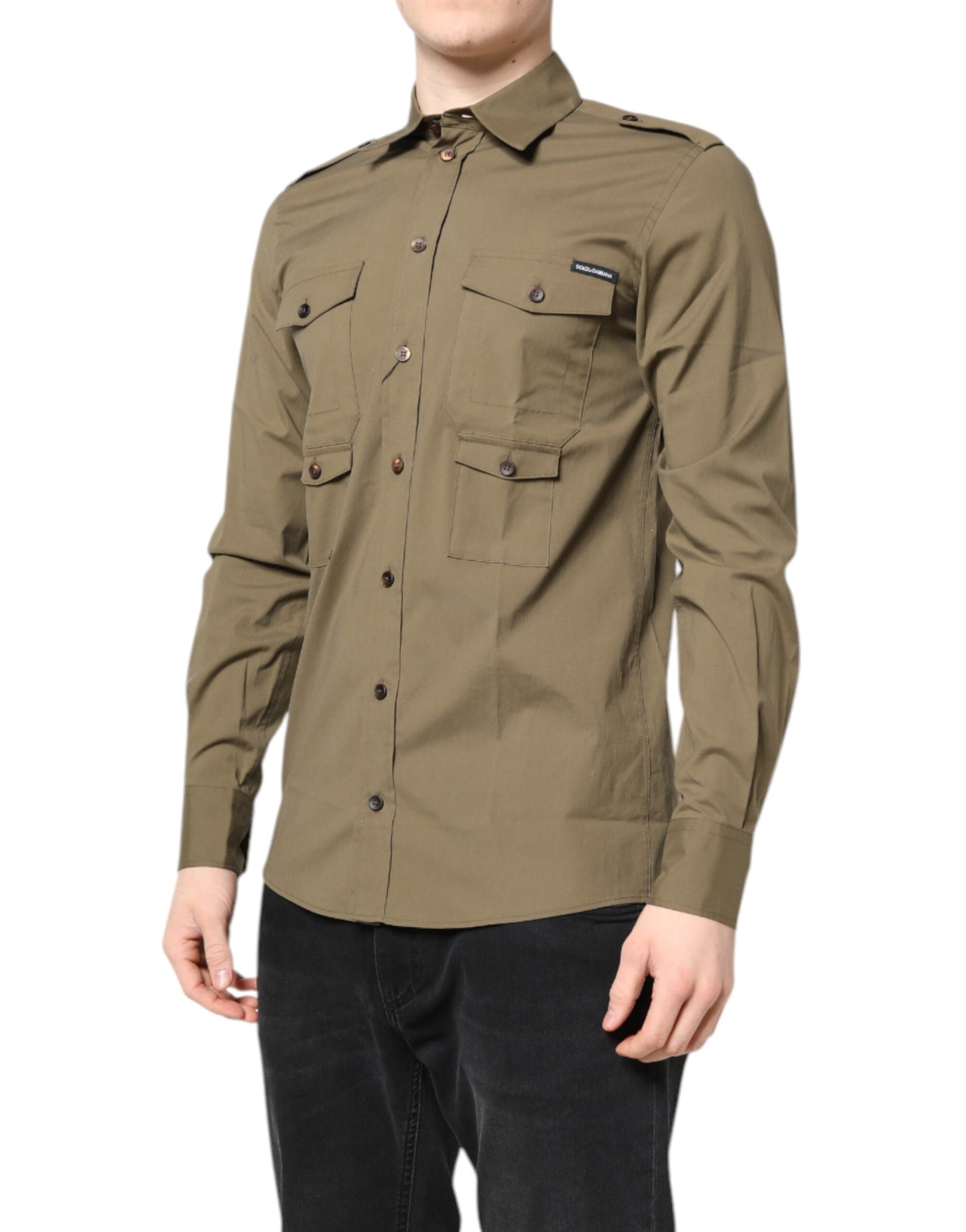 Chemise décontractée à manches longues en coton stretch marron Dolce &amp; Gabbana