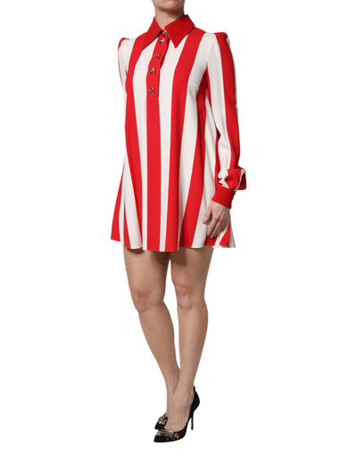 Dolce &amp; Gabbana Wit Rode Strepen Lange Mouwen Mini Jurk
