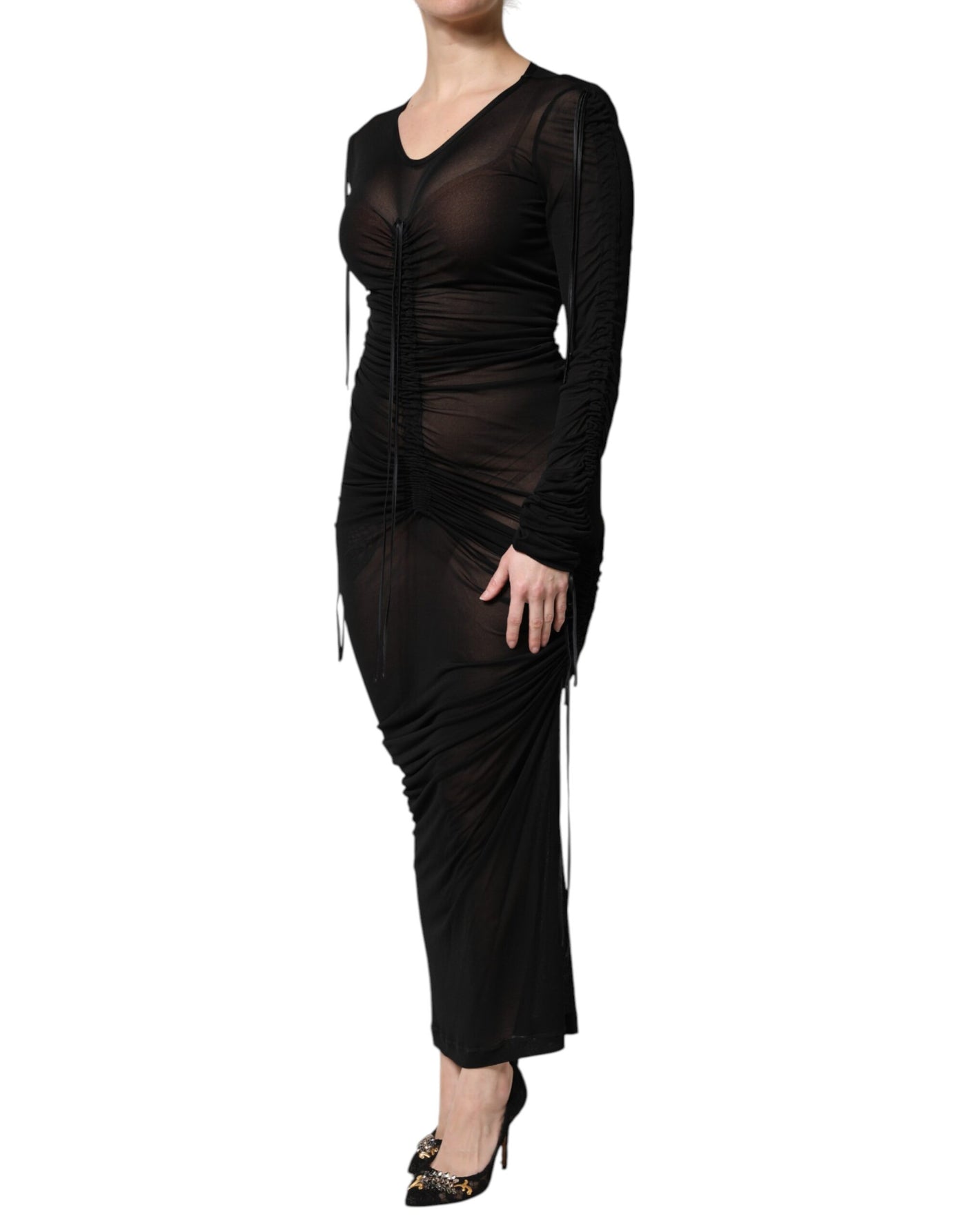 Dolce &amp; Gabbana Zwarte Bodycon Lange Schedejurk met Mesh Trim