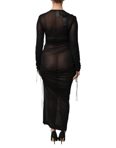 Dolce &amp; Gabbana Zwarte Bodycon Lange Schedejurk met Mesh Trim