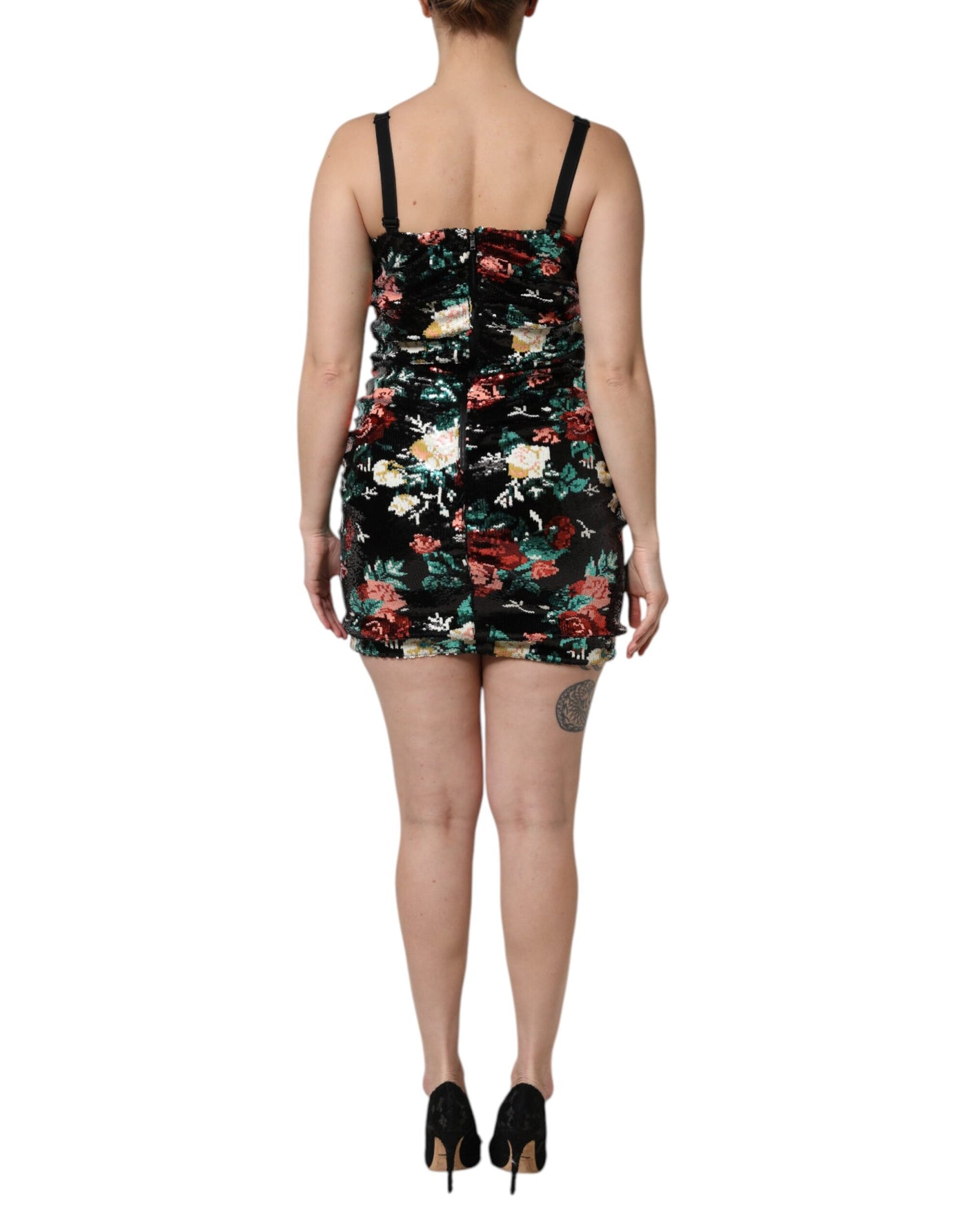 Dolce &amp; Gabbana Zwarte Mouwloze Jurk met Bloemenmotief en Pailletten