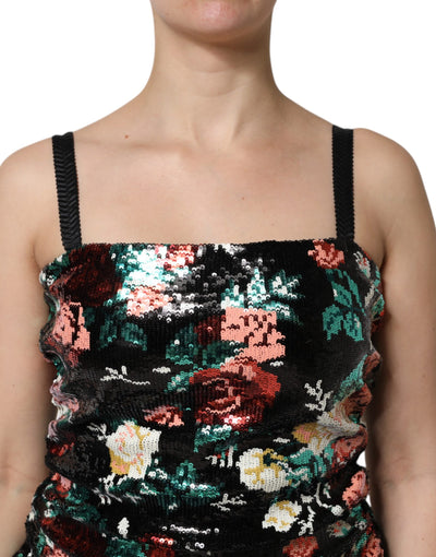 Dolce &amp; Gabbana Zwarte Mouwloze Jurk met Bloemenmotief en Pailletten