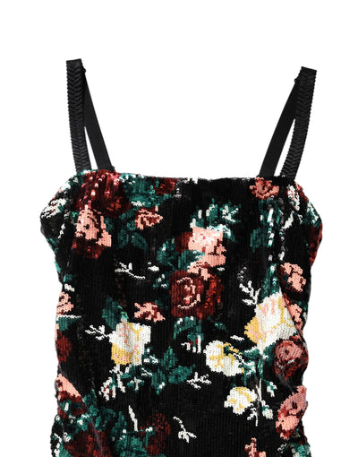 Dolce &amp; Gabbana Zwarte Mouwloze Jurk met Bloemenmotief en Pailletten